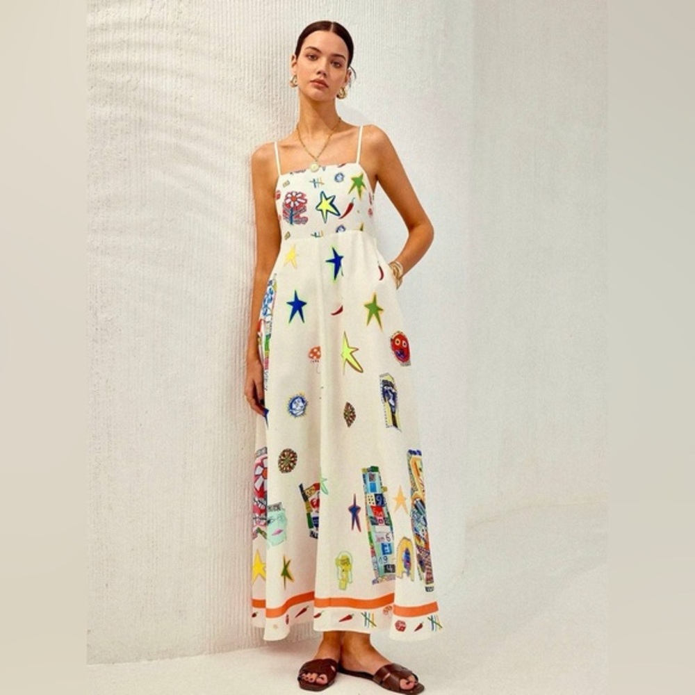 Commense Cream Maxi Dress with Multicolor Star & Graphic Print